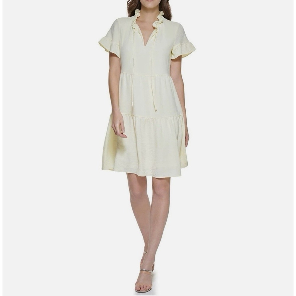 DKNY Ivory Split-Neck Ruffle Sleeve Tiered Swing Dress Size‎ 10